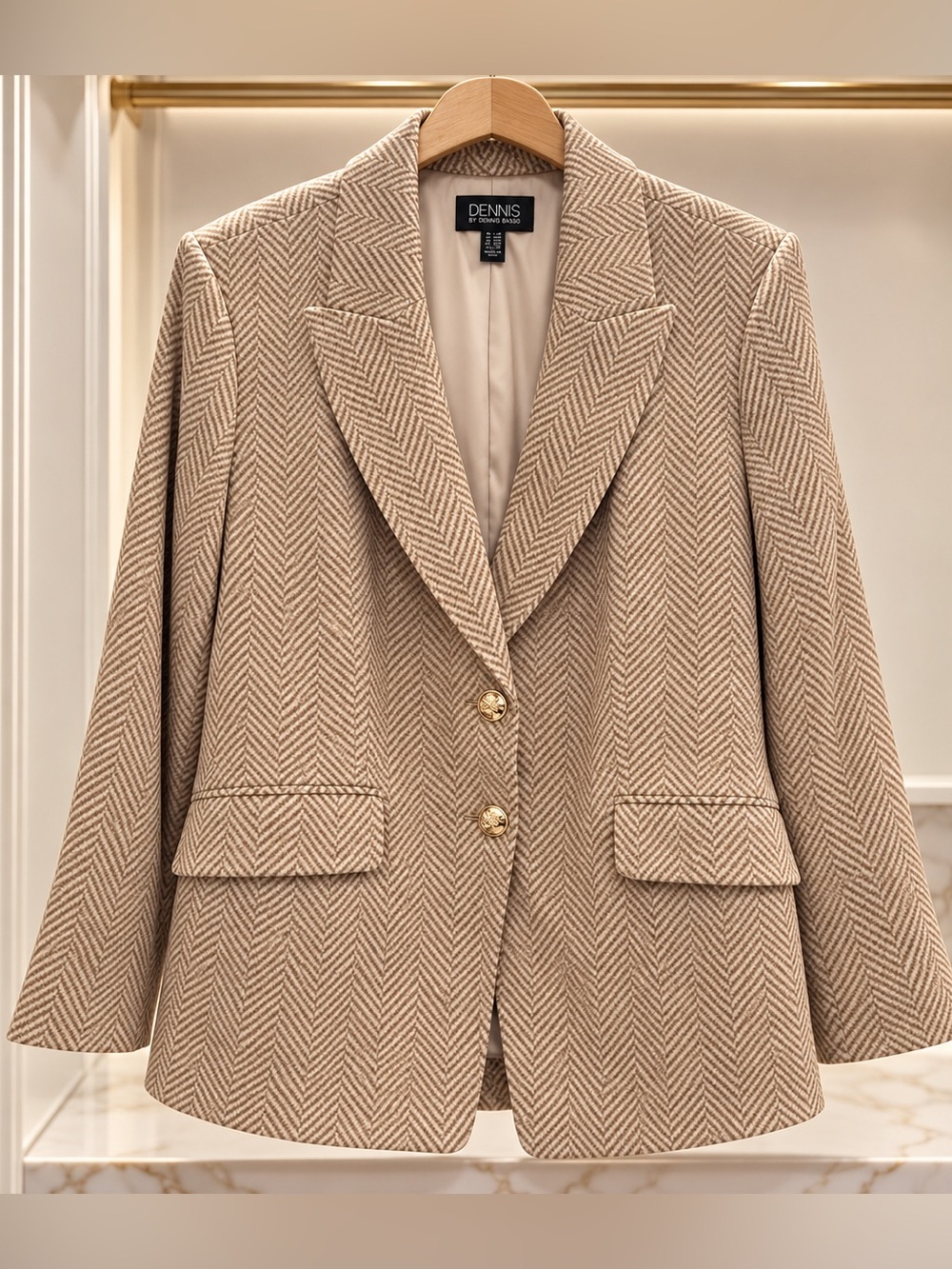 Dennis Basso Tan Herringbone Blazer with Gold Buttons